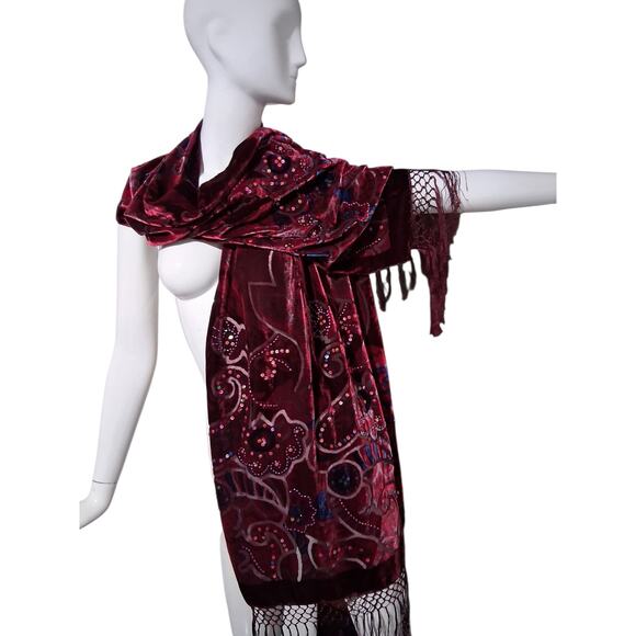 Womens Velvet Burnout Sequin Beaded Fringe Whimsical Fairycore Witchy Scarf Wrap - Picture 6 of 7